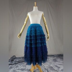 Blue Green Tiered Tulle Skirt Women Midi/Long Tulle Skirt Outfit